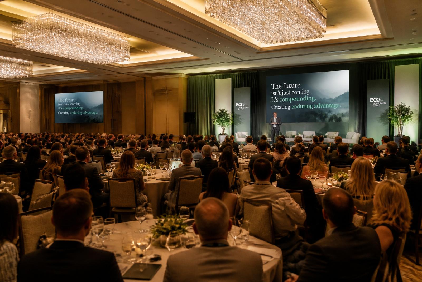 A polished corporate general session with attendees at rounds facing a lit stage.
