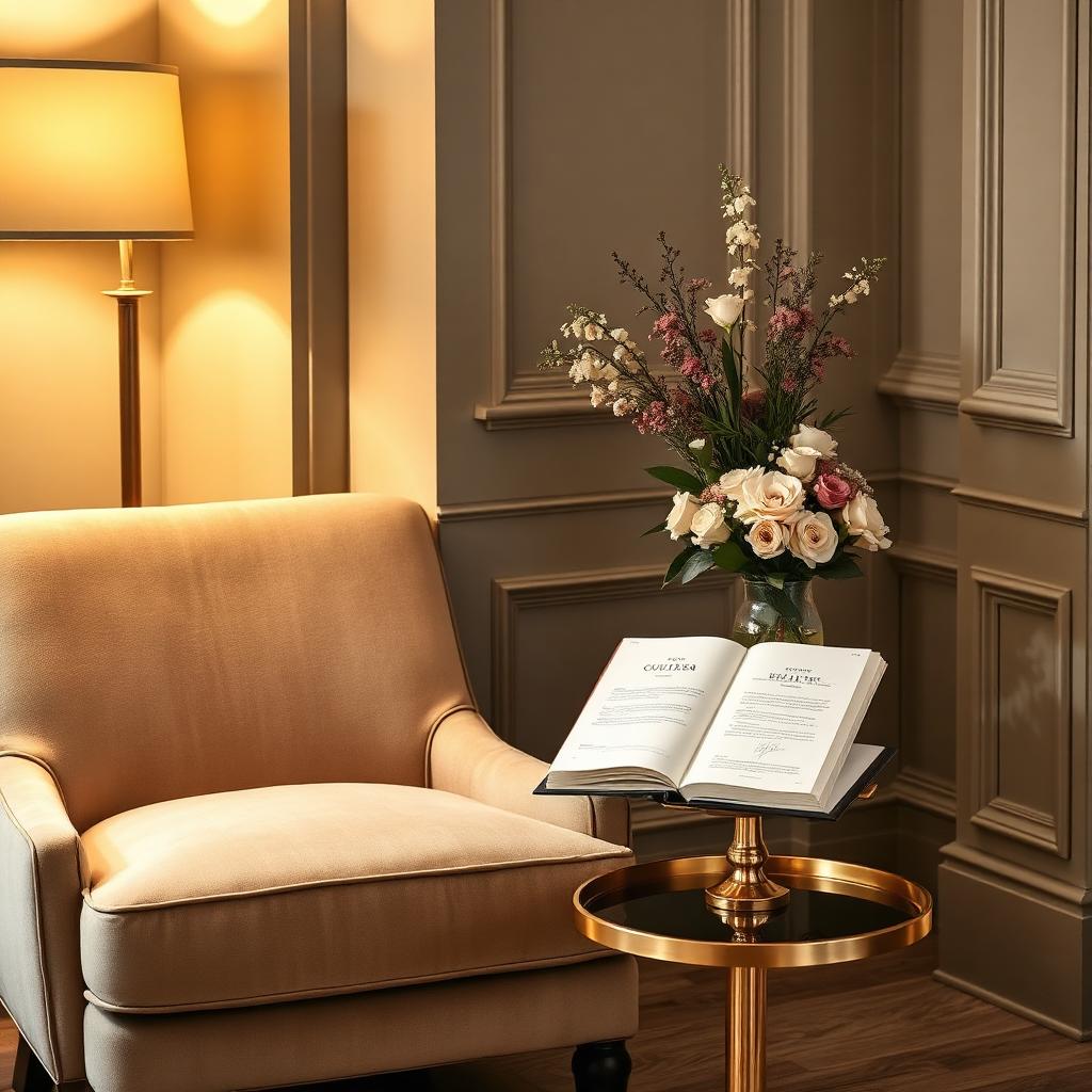 Elegant hotel lobby with warm marble and sage green lounge seating