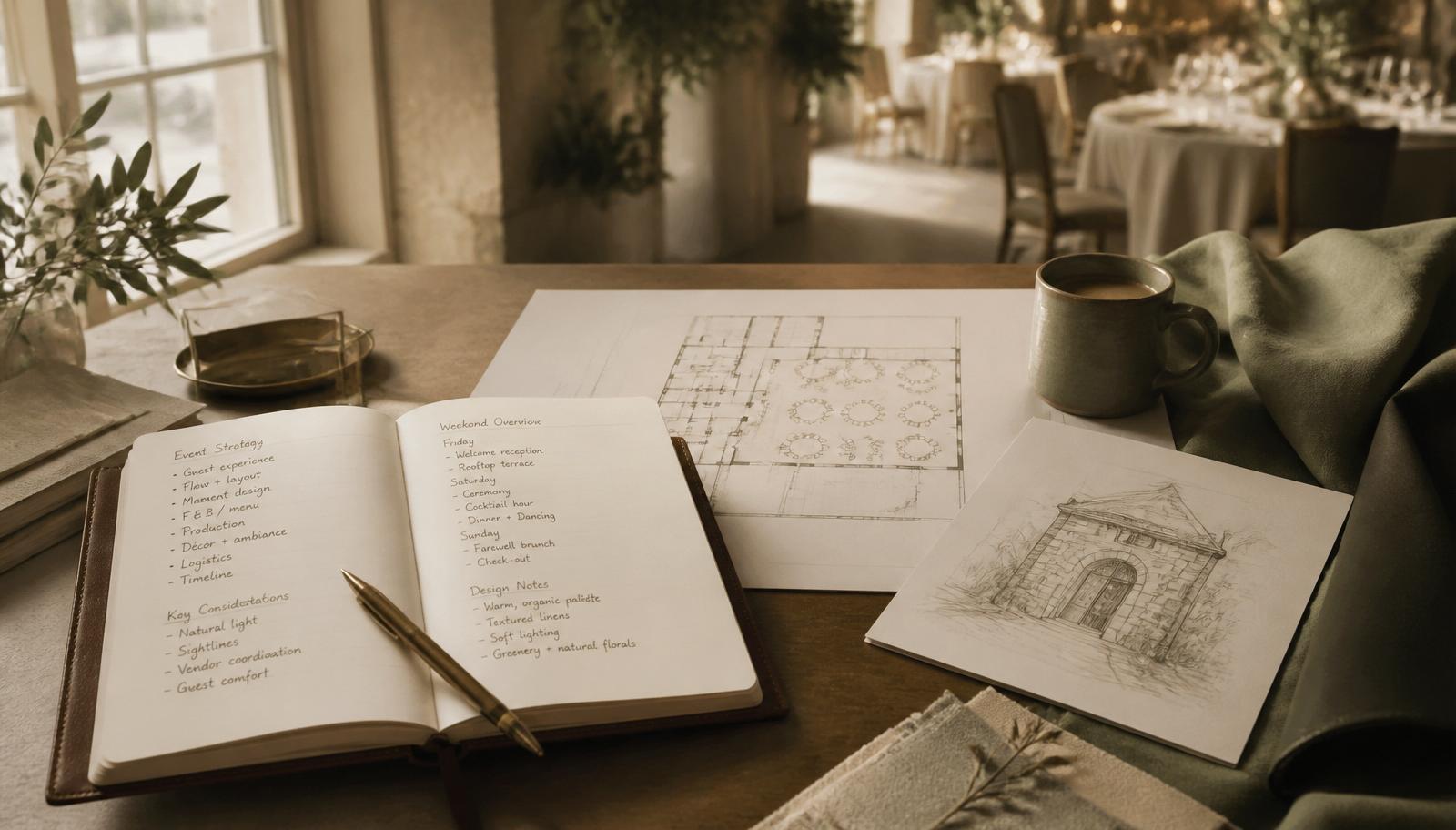 Executive workspace with event strategy notebook, venue floor plan, and coffee in an elegant setting