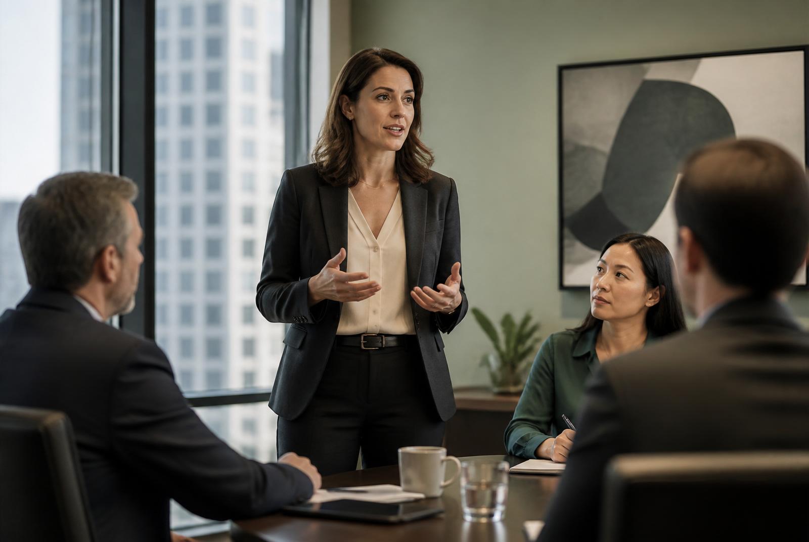 A leader speaking with quiet confidence in front of a room, holding attention without volume.